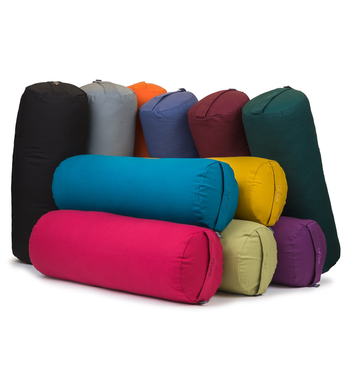 TRIBE Round Bolsters - Organic Cotton Cover - group shot of assorted colours | Eco Yoga Store