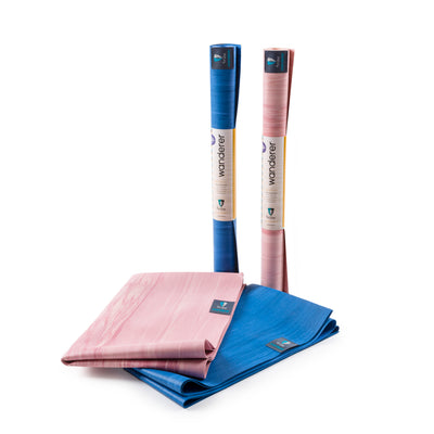TRIBE Wanderer Travel Yoga Mat - Pink Marbled & Blue Marbled - sleeved & folded | Eco Yoga Store