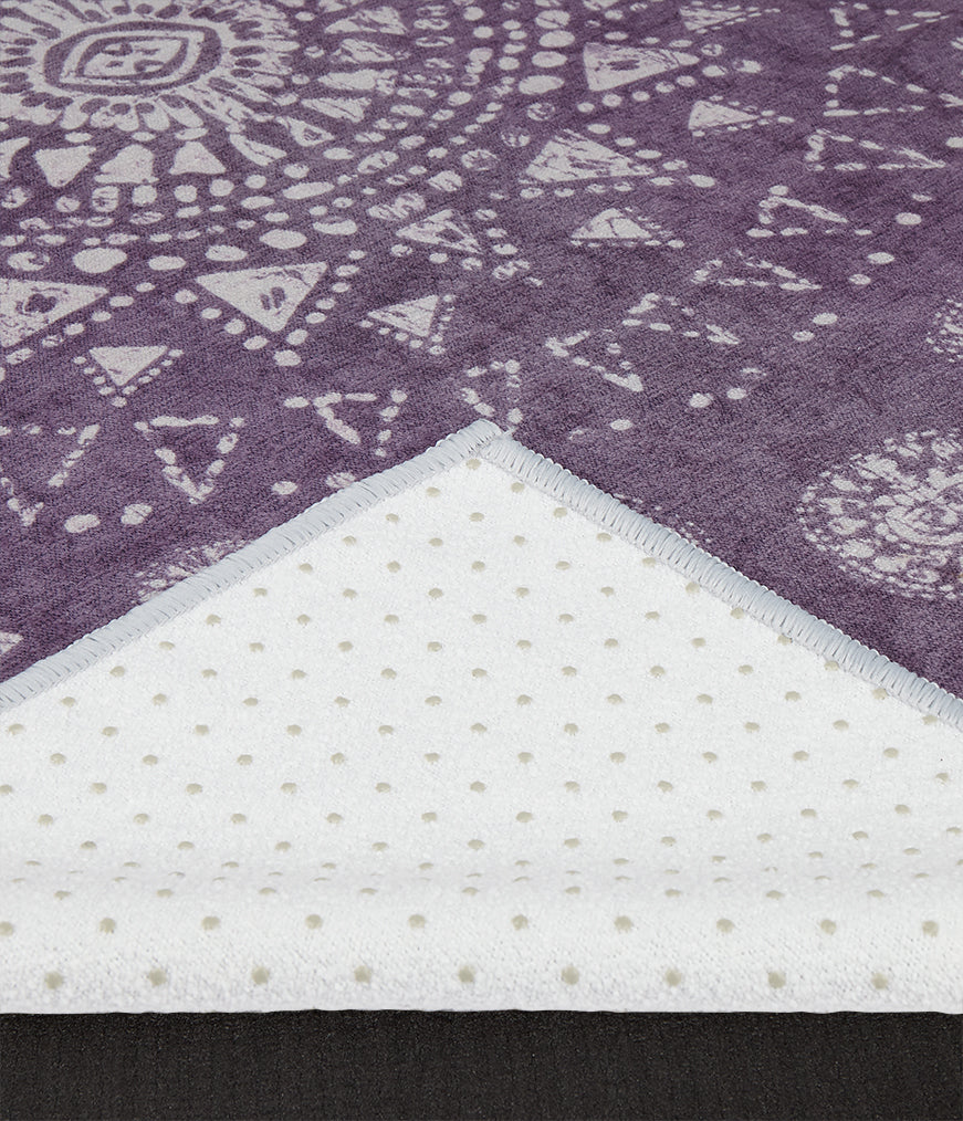 Manduka Yogitoes Mat Towel - Geija Purple - corner folded over showing underside | Eco Yoga Store