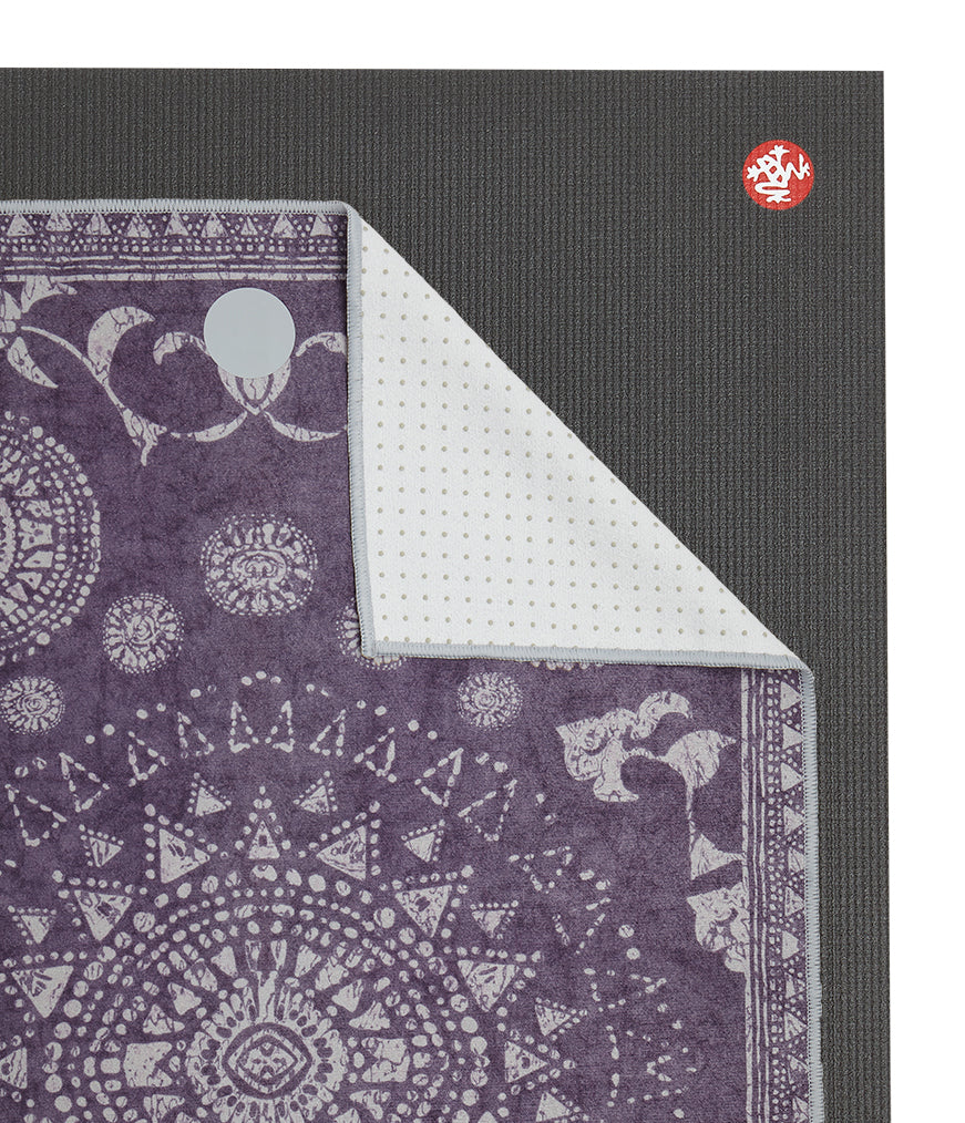 Manduka Yogitoes Mat Towel - Geija Purple - lying flat, corner folded over | Eco Yoga Store