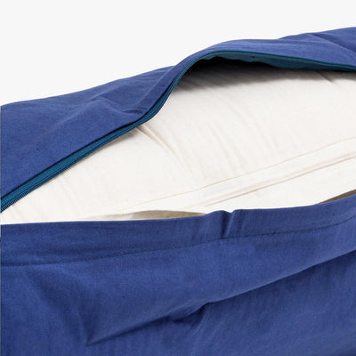 TRIBE Round Bolster - Organic Cotton Cover - Sapphire - outer cover unzipped showing inner cover | Eco Yoga Store 