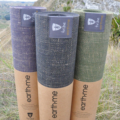Tribe Earth.Me 4mm Yoga Mats, Amethyst, Cosmos, & Olive Colours, rolled, standing vertically side by side