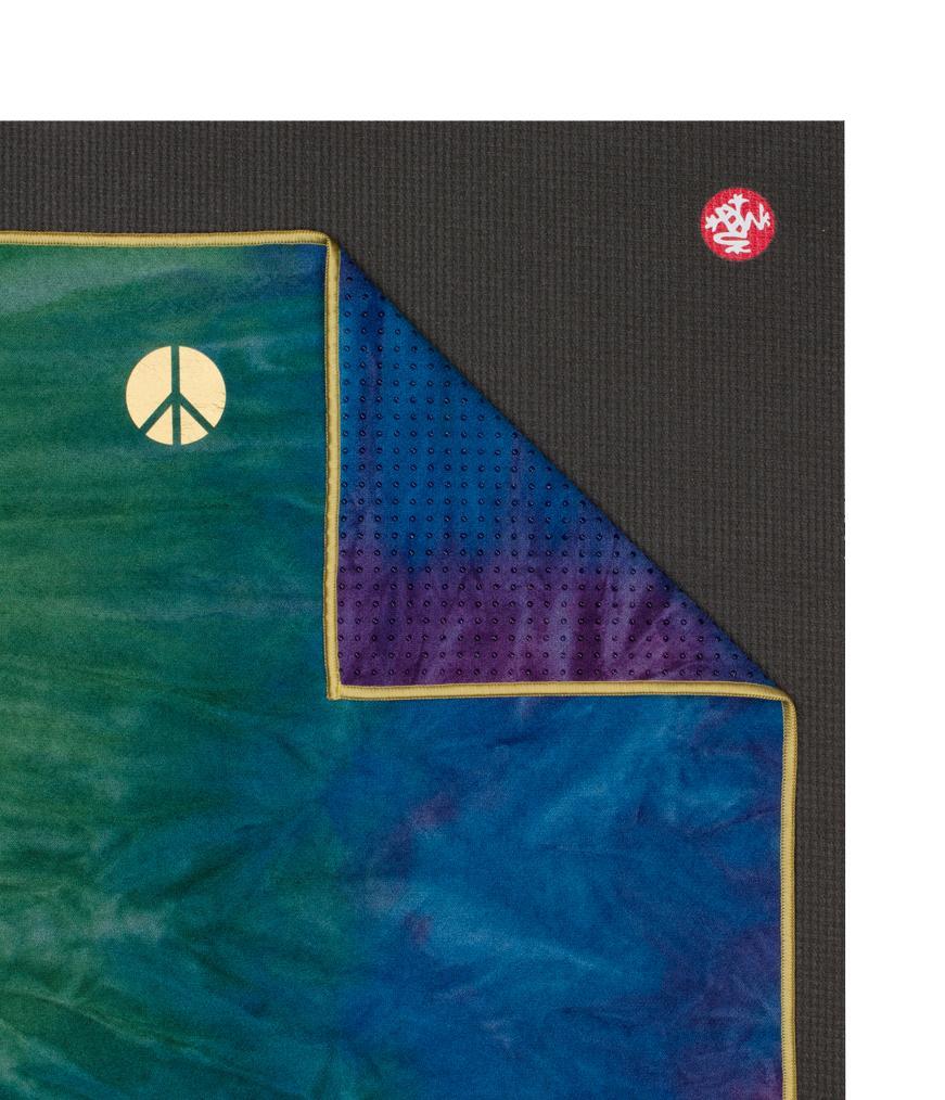 Manduka Yogitoes Mat Towel - Peacock - lying flat, corner folded over | Eco Yoga Store