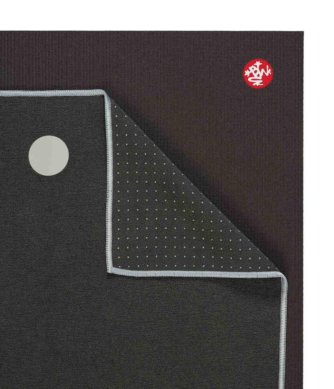 Manduka Yogitoes Mat Towel - Grey - lying flat, corner folded over | Eco Yoga Store