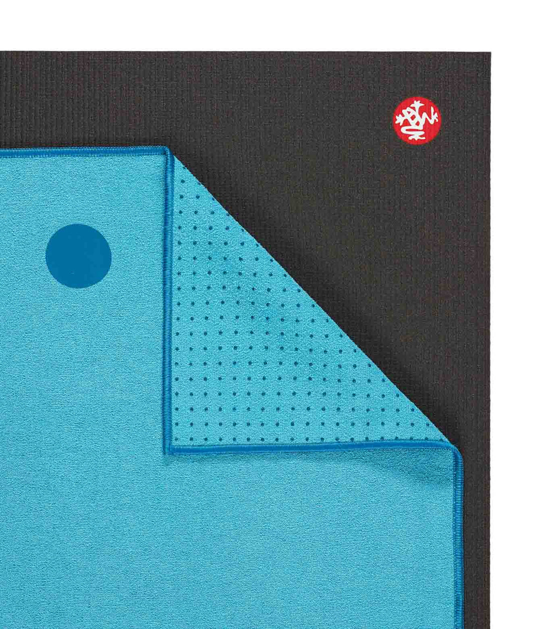 Manduka Yogitoes Mat Towel - Turquoise - lying flat, corner folded over | Eco Yoga Store